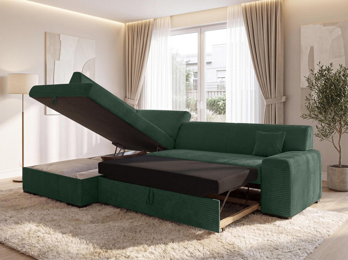 ECKSOFA L Form Minosa Flaschengrün 260/175/71 cm Links mit Schlaffunktion - Dunkelgrün/Schwarz, Kunststoff/Textil (260/175cm) - AX Living