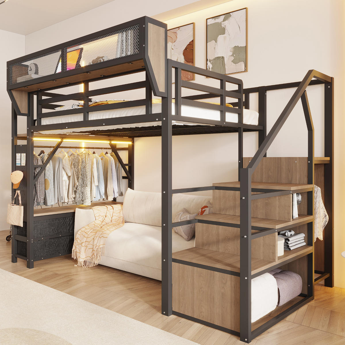 HOCHBETT 140/200 cm in Schwarz mit Stauraum, LED und Ablagen - Schwarz, Holzwerkstoff/Metall (140/200cm) - STILVORA