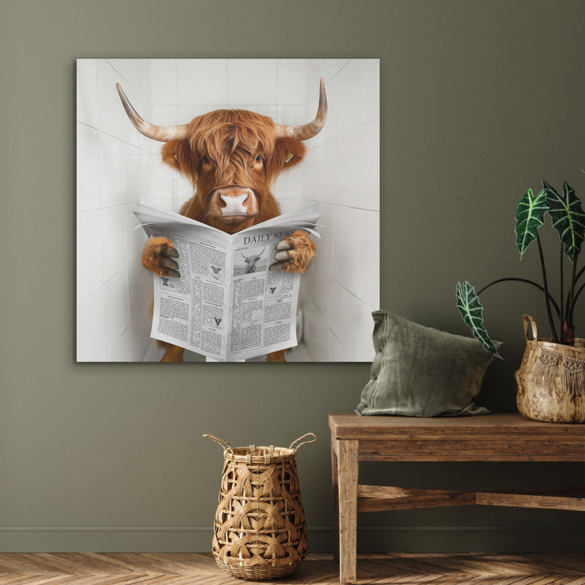 AKUSTIKPANEEL Schottisches Hochlandrind - Tier - Zeitung - Toilette 90x90 cm - Kastanienfarben, Textil (90/0.9/90cm) - MuchoWow