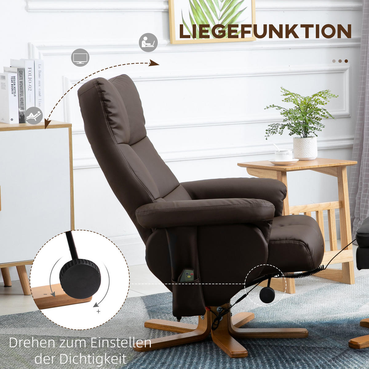 RELAXSESSELSET mit Hocker Braun 80/86/99 cm mit Massagefunktion und 145° Neigung - Braun, Leder (86/99/80cm) - Flora Grace
