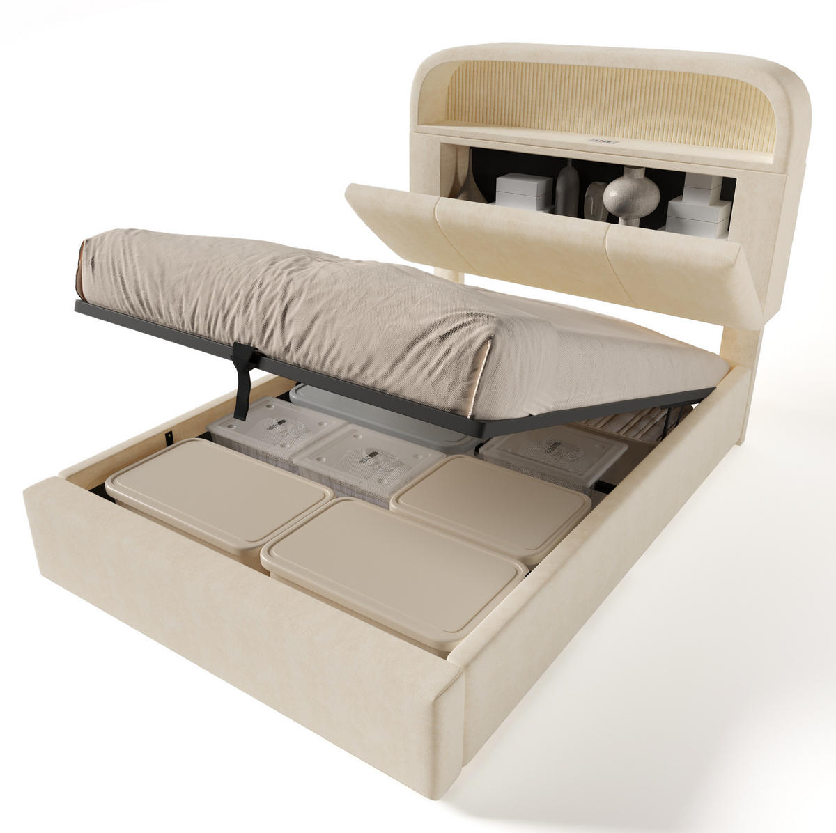 POLSTERBETT aus Samt 90x200 cm Beige mit Bettkasten, LED-Beleuchtung und USB/Type-C-Ladestation - Beige, Textil (90/200cm) - IVMEU