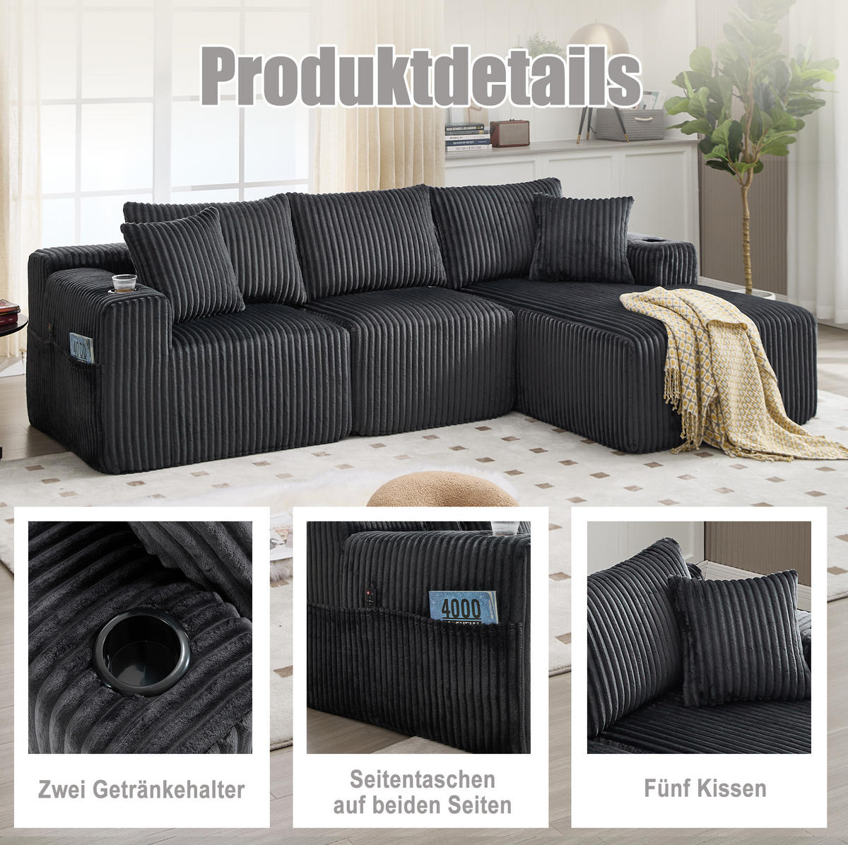 MODULARES Sofa Cord Chaiselongue und 2-Sitzer mit Kissen Taschen und Getränkehaltern 257/90 160/62 cm Grau - Grau, Textil (160/257cm) - Redom