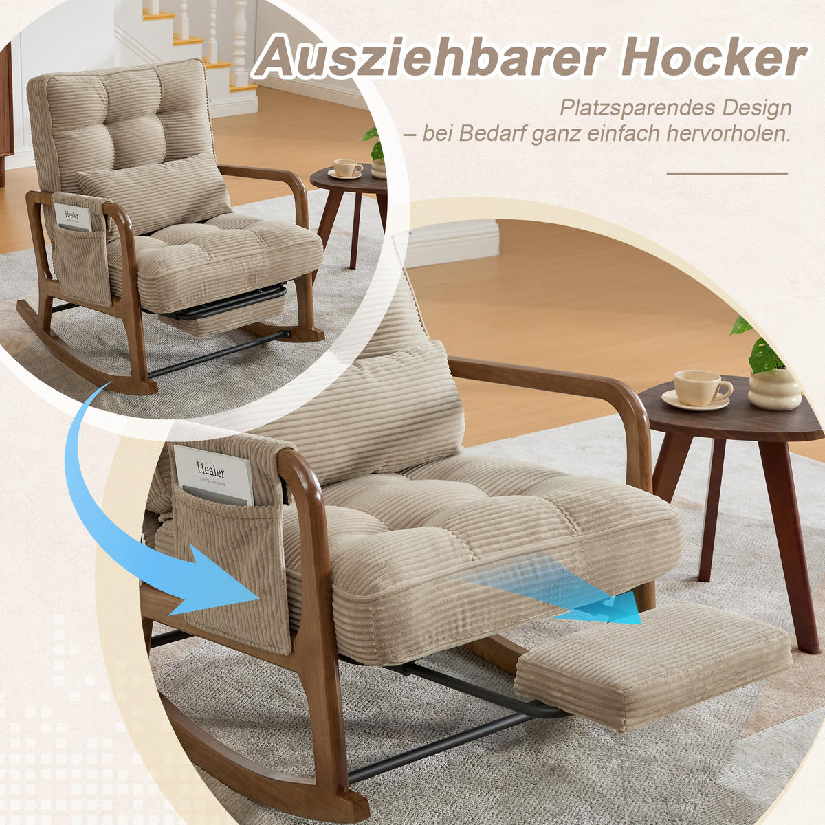 SCHAUKELSTUHL Relaxsessel mit Fußstütze,verstellbarer Rückenlehne,Cord,Khaki - Hellbraun, Textil (70/92/80cm) - LVHOM