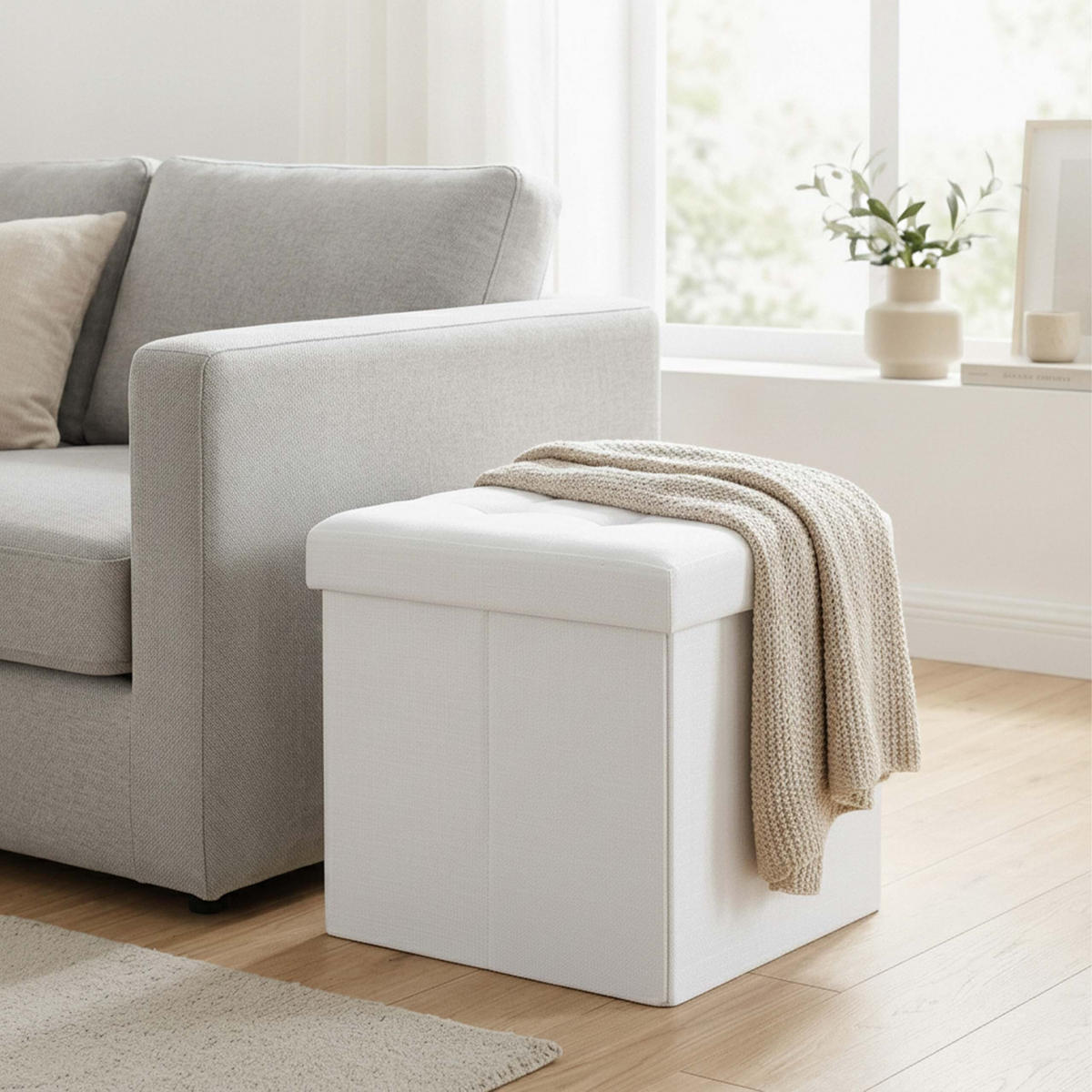 SITZHOCKER Weiß Leinen faltbar Stauraum 38x38x38 cm - Weiß, Holzwerkstoff/Textil (38/38/38cm) - Relaxdays