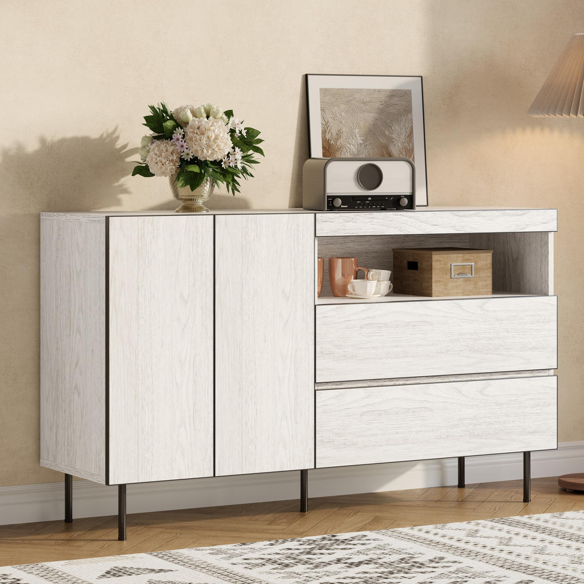 SIDEBOARD aus Spanplatte 140x42x77 cm Weiß mit Schubladen, Türen und offenen Fächern - Weiß, Holzwerkstoff (140/77/42cm) - IVMEU