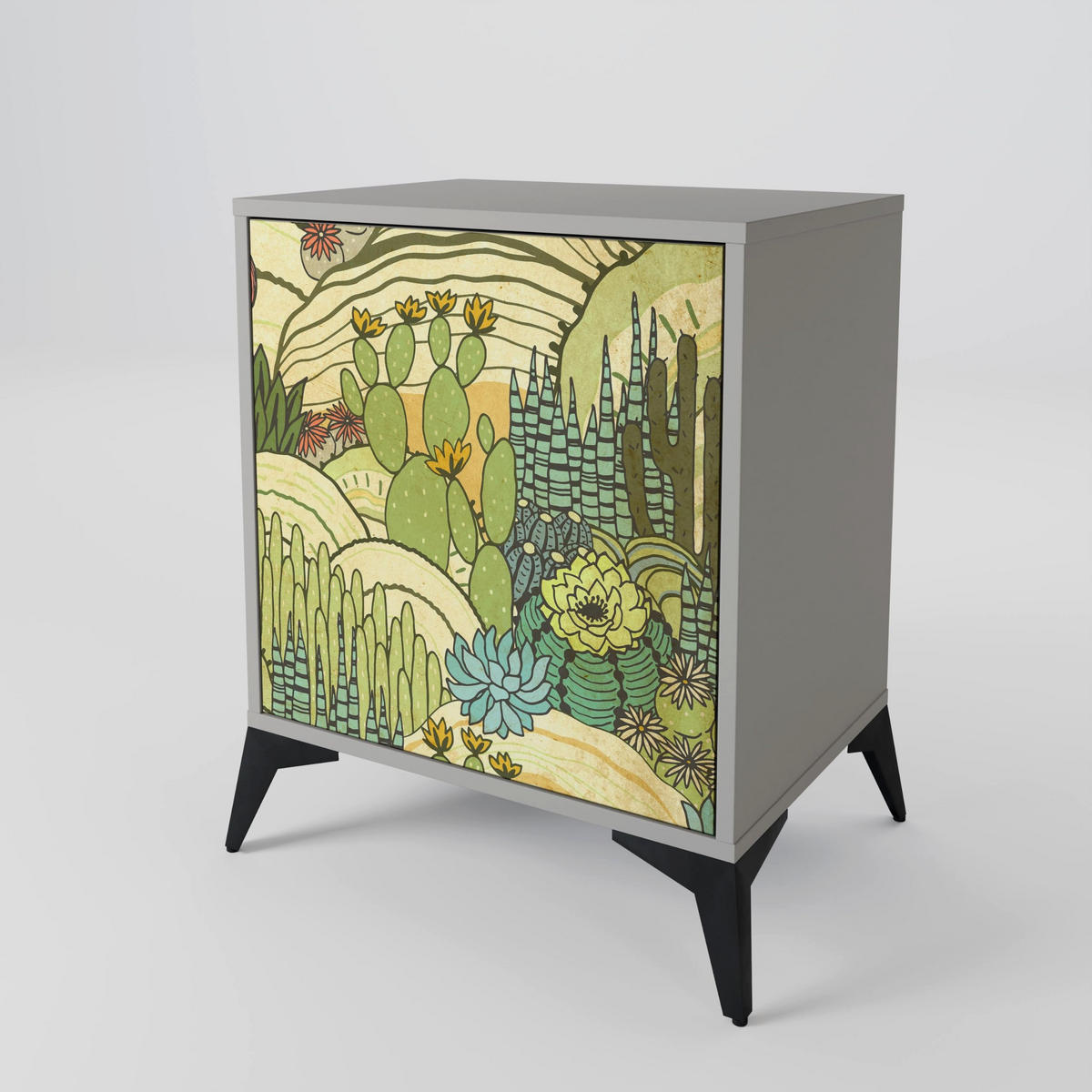 SIDEBOARD SUCCULENTS KALEIDOSCOPE, Grau, 57,5x42x67,5 cm, Schwarze Metall-Rahmenfüße - Multicolor/Schwarz, Holzwerkstoff/Metall (57.5/67.5/42cm) - SpaceRebels