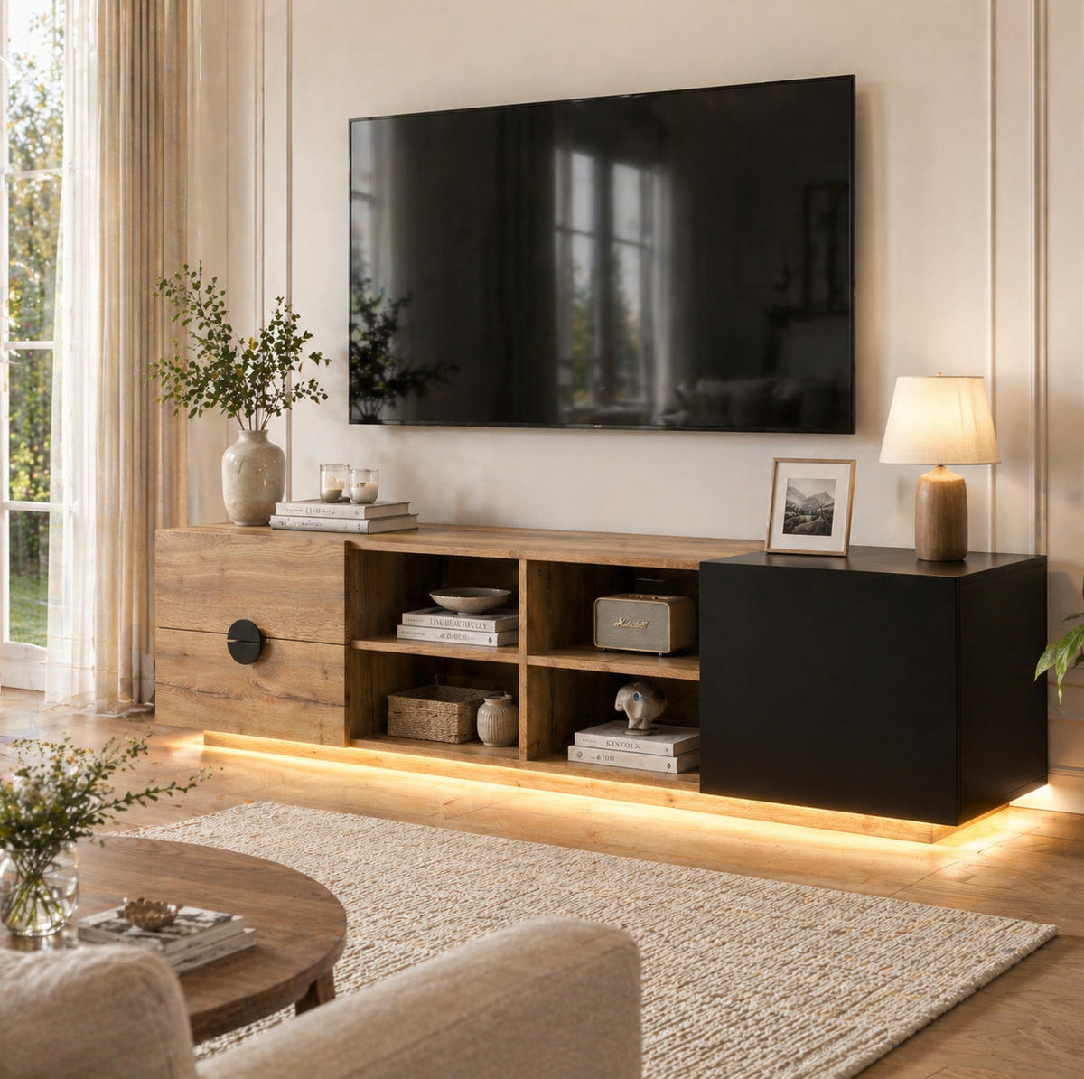 LOWBOARD 180/38.5/47 cm Schwarz aus Holzwerkstoff mit LED-Beleuchtung - Schwarz, Holzwerkstoff (38.5/47/180cm) - OKMYHOME