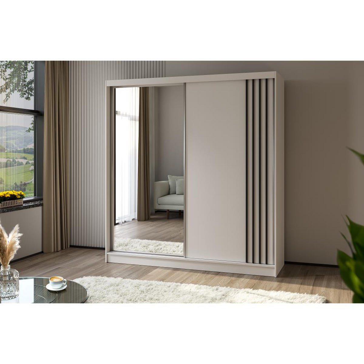 SCHWEBETÜRENSCHRANK Nela II 200/216/61 weiß mit Schubladen - Schwarz/Weiß, Holzwerkstoff (200/216/61cm) - Beautysofa