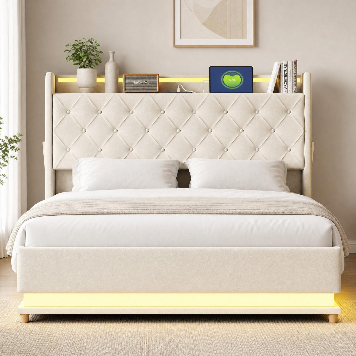 POLSTERBETT 140/200 mit LED, USB-Ladeanschluss und hydraulischem Stauraum in Beige - Beige, Holzwerkstoff/Textil (140/200cm) - EVRYAE
