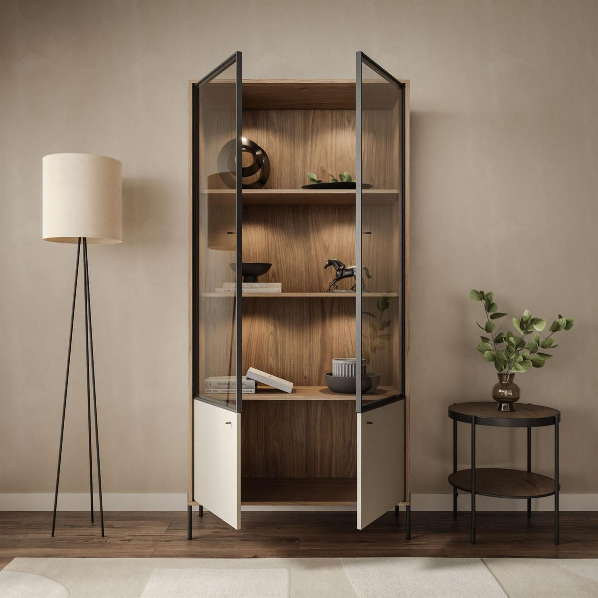 VITRINE ISA, zweitürig mit LED-Beleuchtung und hohen Füßen. - Eichefarben, Holzwerkstoff (90/188/40cm) - Lookway