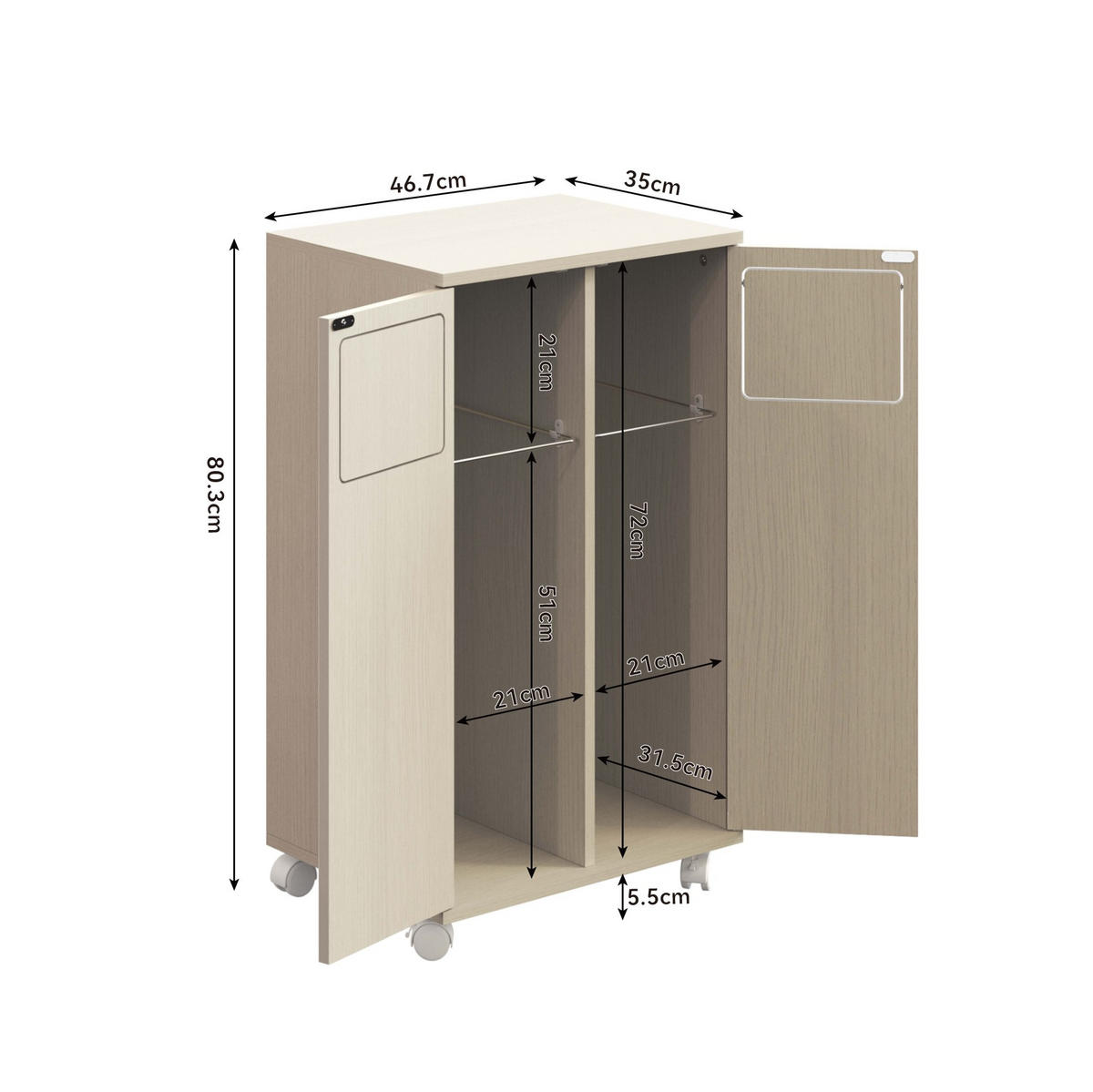 KOMMODE 46,7/35/80 cm mit 2 Fächern, Rollen und 180° Türen aus MDF, Weiß - Weiß, Holzwerkstoff (46/80/35cm) - Redom