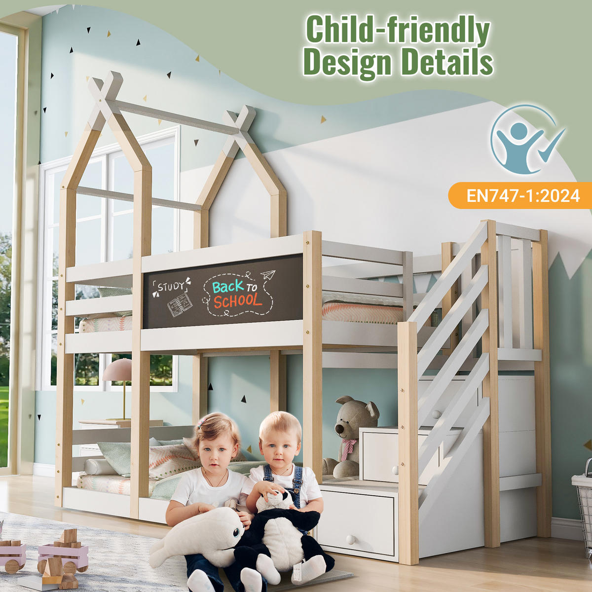 ETAGENBETT 90/200 cm Weiß Baumhaus Design mit Tafel und Rausfallschutz - Weiß, Holzwerkstoff (90/200cm) - OKWISH