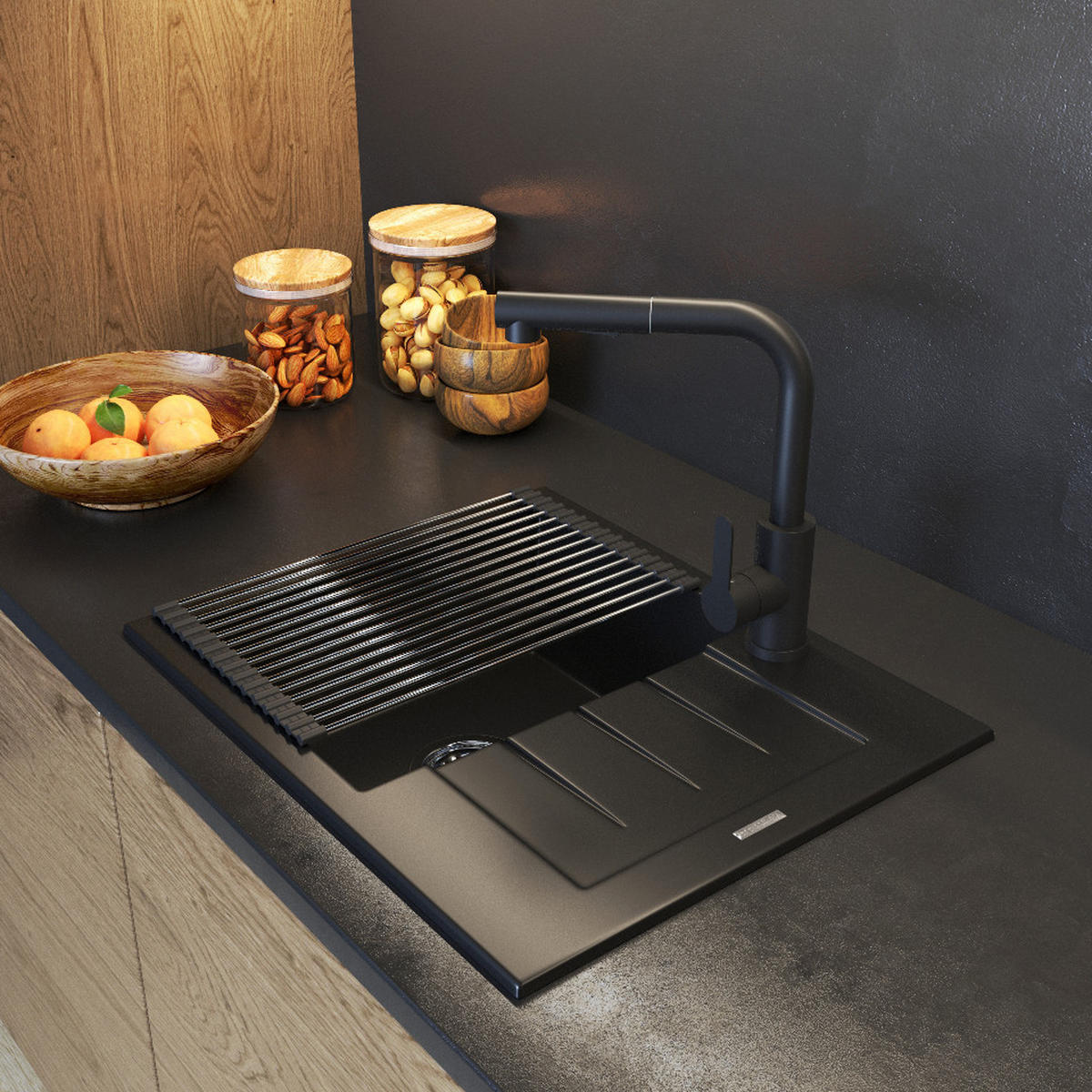 SPÜLBECKEN MILANO mit Batterie Siphon - Schwarz, Kunststoff/Stein (46/16/57cm) - Granitan