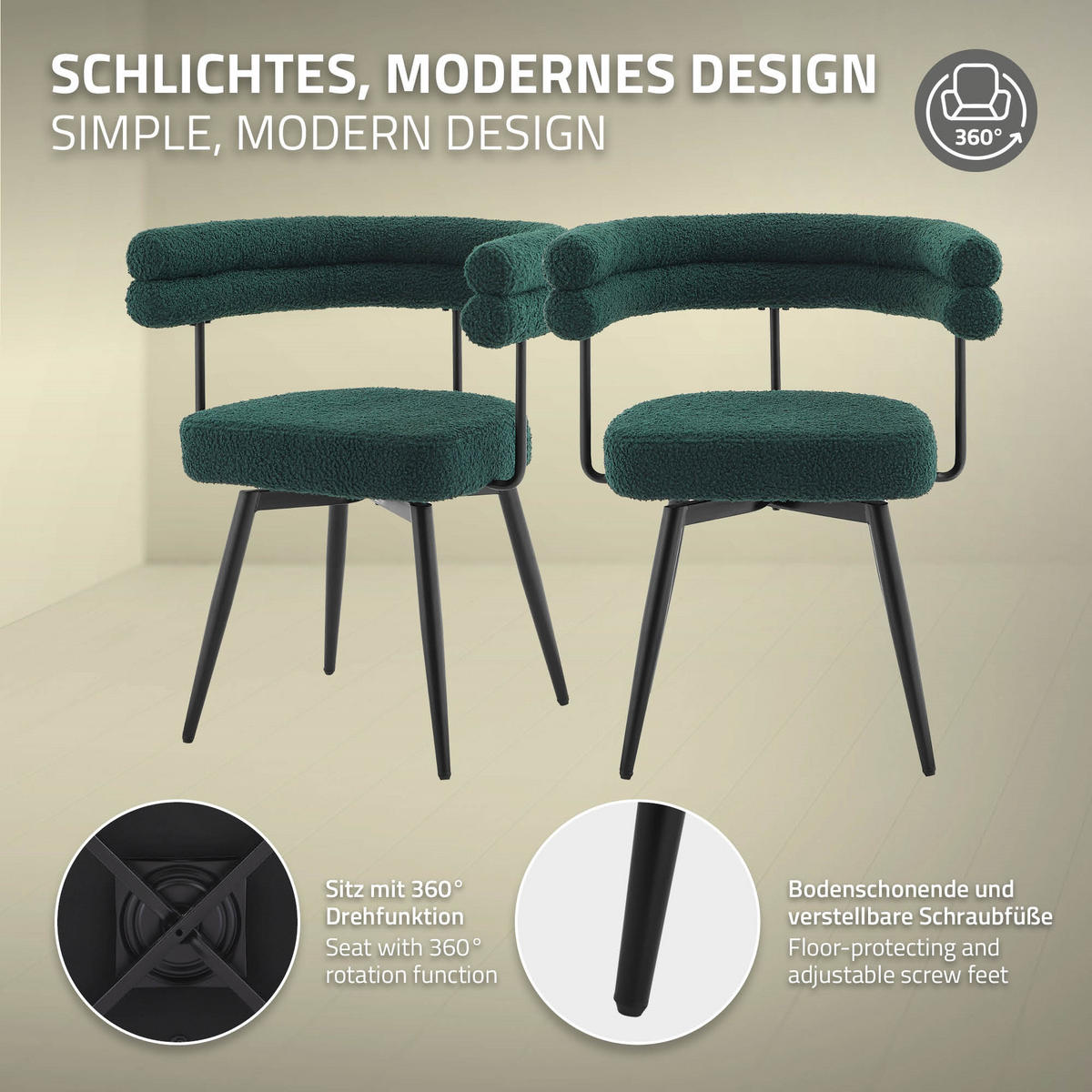 JÍDELNÍ ŽIDLE otočné, sada 6 ks, tmavě zelená, látka Teddy - černá/tmavě zelená, kov/textil (63/75/55cm) - ML-DESIGN