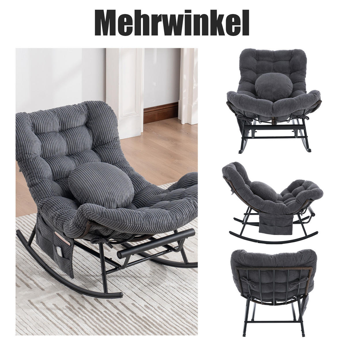 SCHAUKELSTUHL mit Fußstütze, Schaukelsessel XXL Rattanstuhl mit Kissen, Cord, Dunkelgrau - Dunkelgrau, Textil (90/78/150cm) - LVHOM
