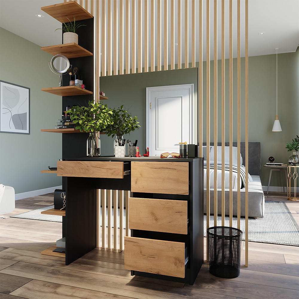 SCHMINKTISCH Sherry Anthrazit/Goldkraft Eiche 90 cm mit Spiegel - Honigeiche/Anthrazit, Holzwerkstoff (90/75/40cm) - Vicco