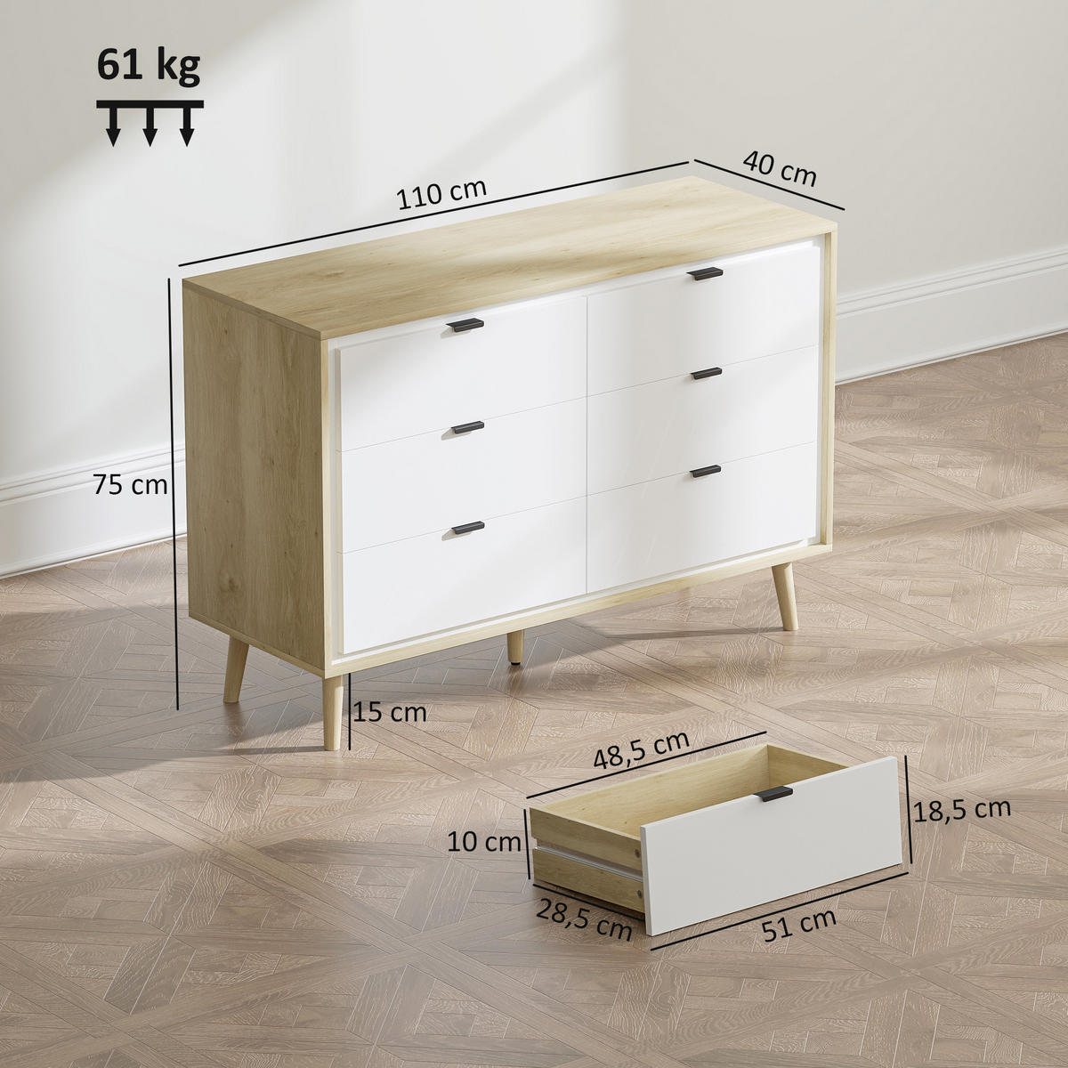 KOMOODE DE-12902 6 Schubladen, Hochglanz Weiß/Eiche - Weiß, Holzwerkstoff (110/75/40cm) - ComfortXL