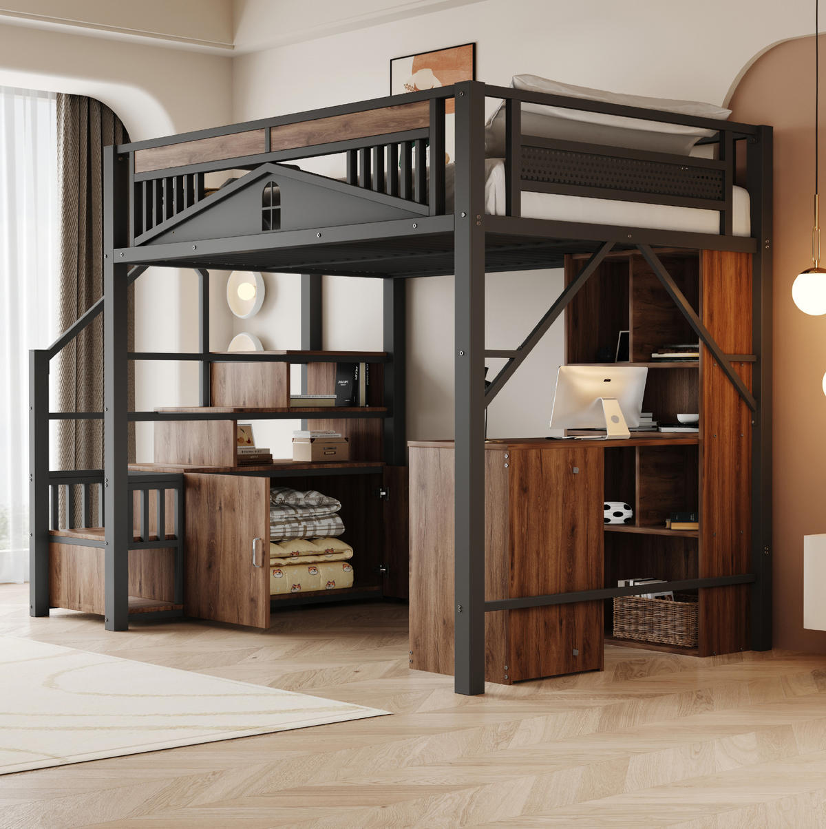 HOCHBETT aus Metall und Holz 140x200 cm Schwarz mit Stauraumtreppe, Schrank und Sicherheitszaun - Schwarz, Metall (140/200cm) - Modfu