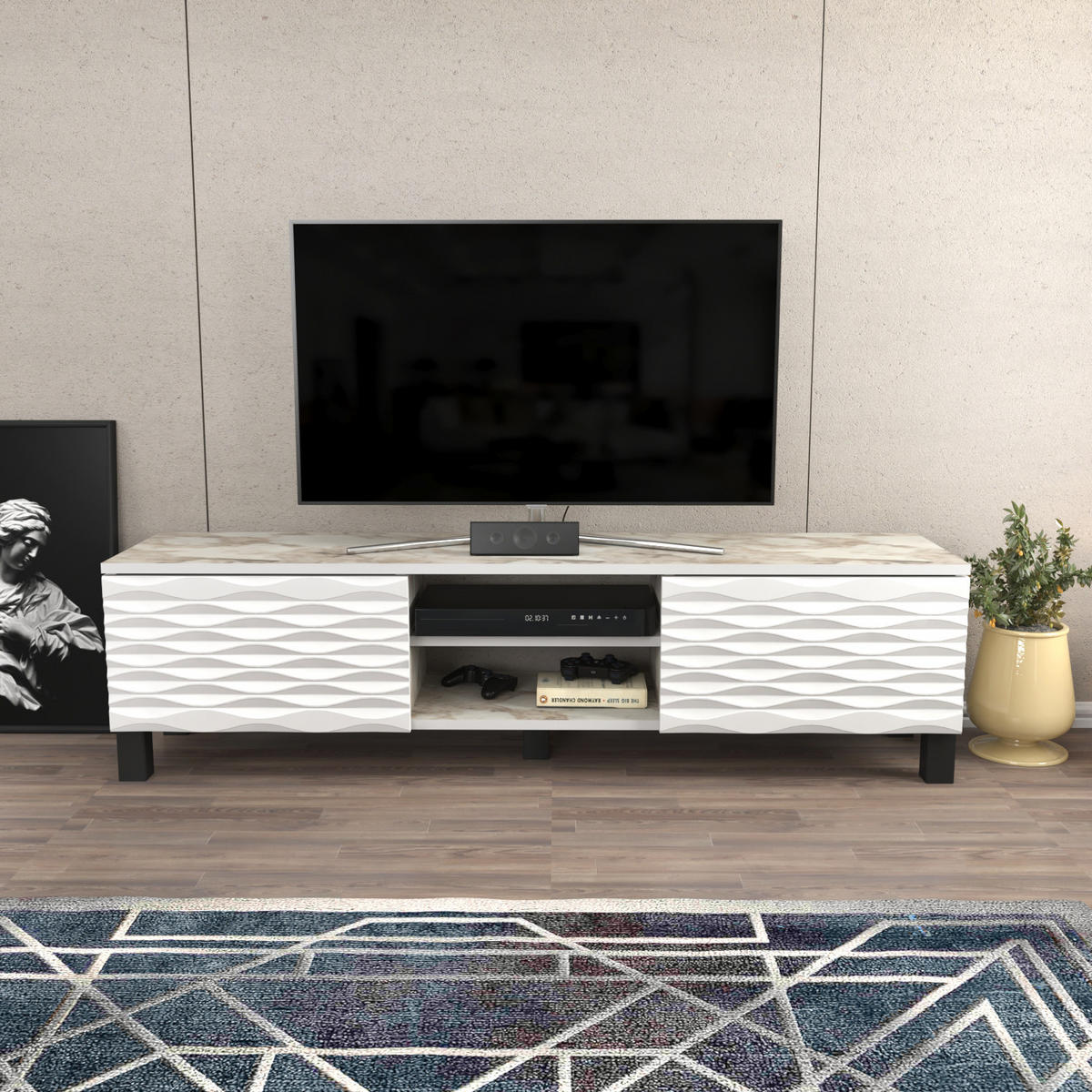TV-ELEMENT Lukas weißer Marmor Weiß - Beige/Weiß, Holzwerkstoff (150/40.3/35cm) - Decorotika