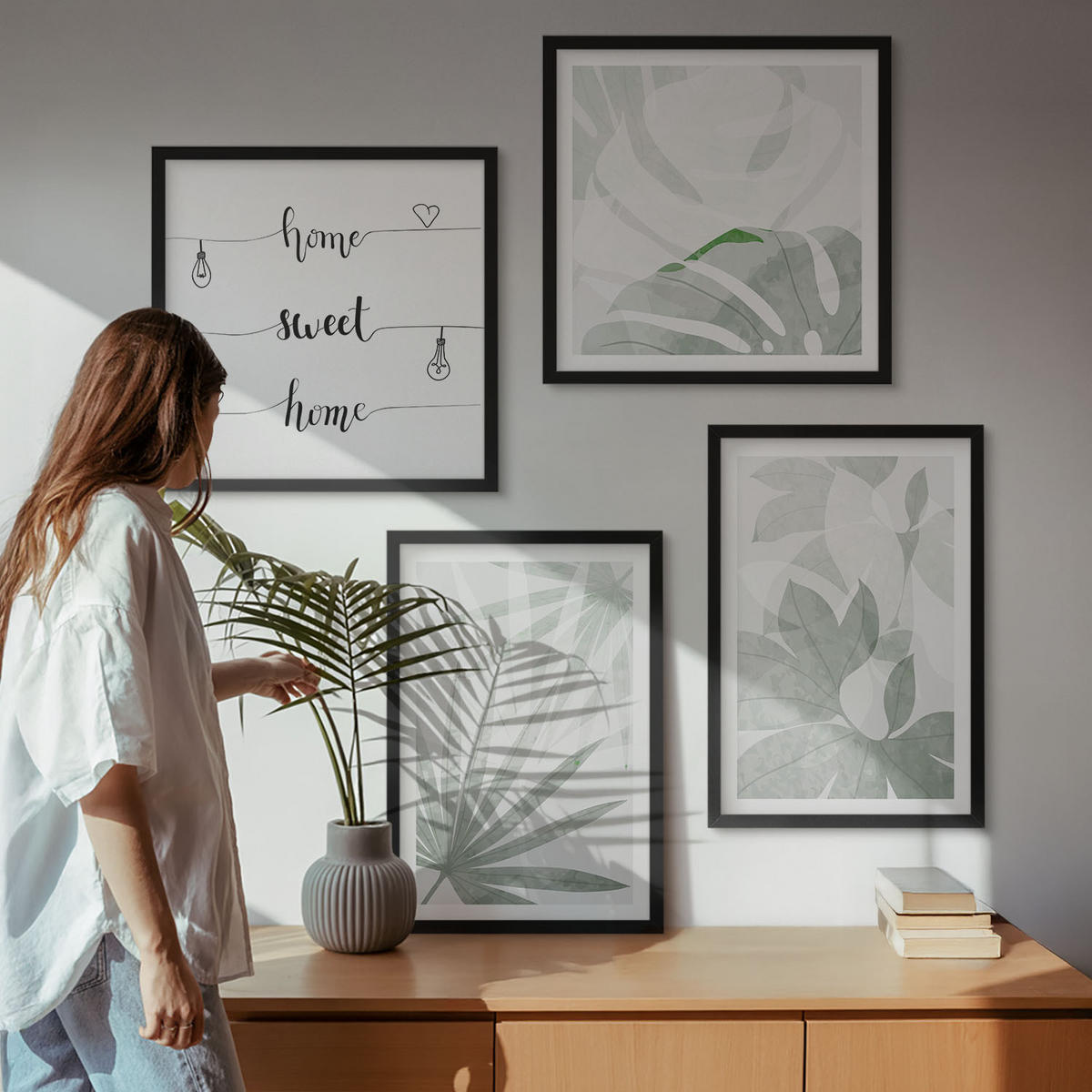 WANDBILDER 4er-Set - 50x50 cm & 40x60 cm Schwarzer Rahmen - Die Blätter der Pflanzen sind grünlich-grau. - Schwarz, Kunststoff (50/50cm) - ArtPrintCave