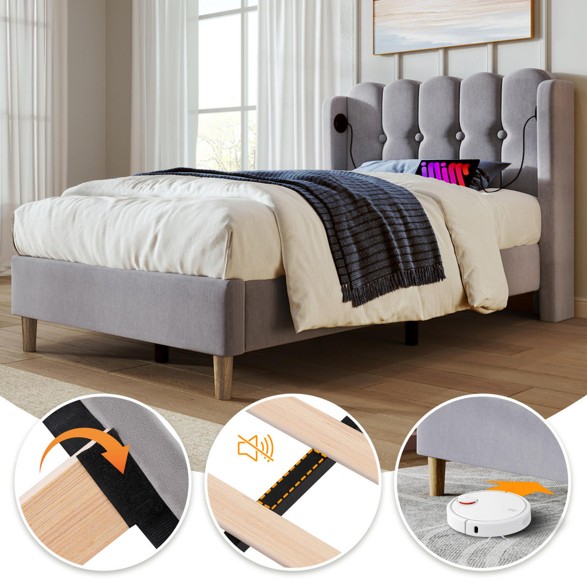 POLSTERBETT 90/200 cm mit USB- und Typ-C-Anschluss, Lattenrost und Matratze, Leinenbezug, Grau - Grau, Textil (90/200cm) - Redom