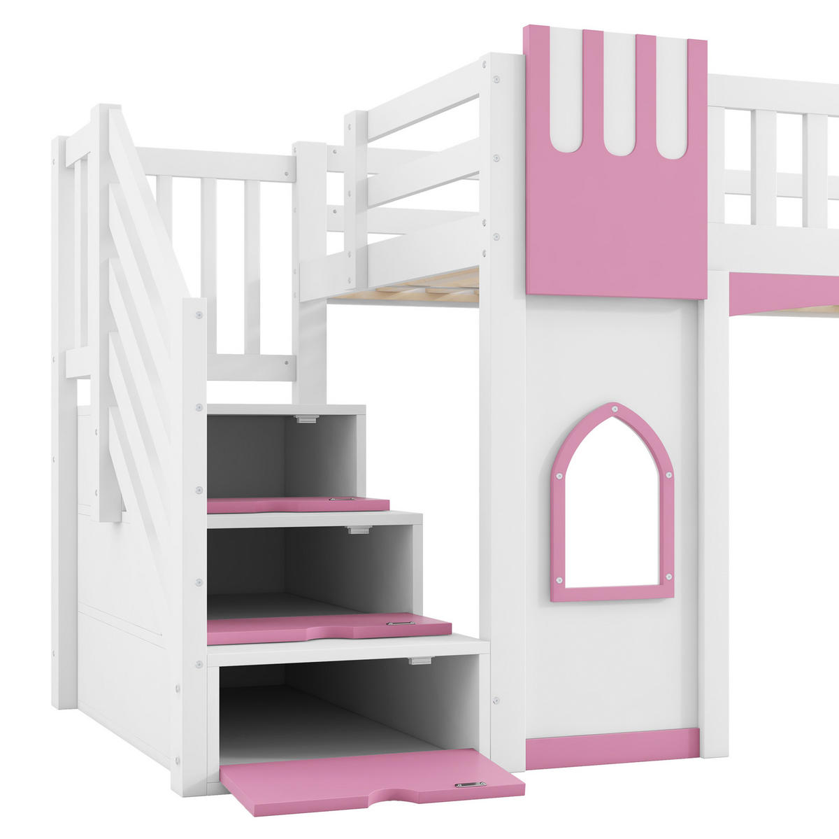 HOCHBETT 90/200 cm, Weiß/Rosa mit Stauraumtreppe und 2 Fenstern - Weiß, Holz (90/200cm) - MIVRAY