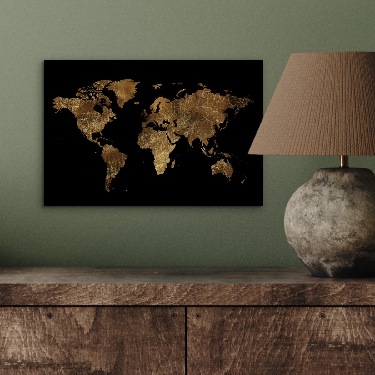 KOVOVÝ OBRAZ Mapa sveta - Zlato - Luxus - Zem - Čierna 30x20 cm - zlatá, kov (30/20cm) - MuchoWow