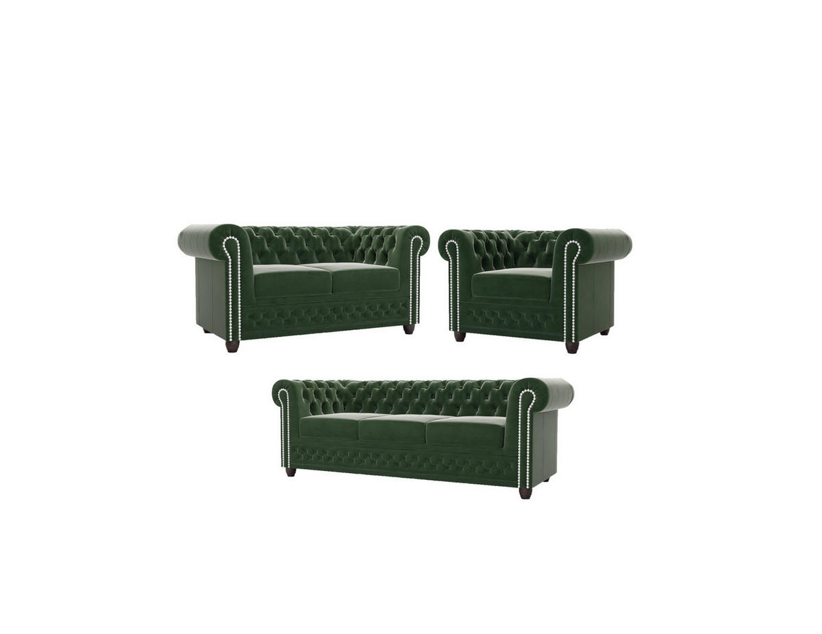 SITZGARNITUR mit Schlaffunktion 3+2+1 Chesterfield Nyx Flasche grün Samt - Smaragdgrün/Braun, Holz/Textil (203/72/86cm) - S-Style Möbel