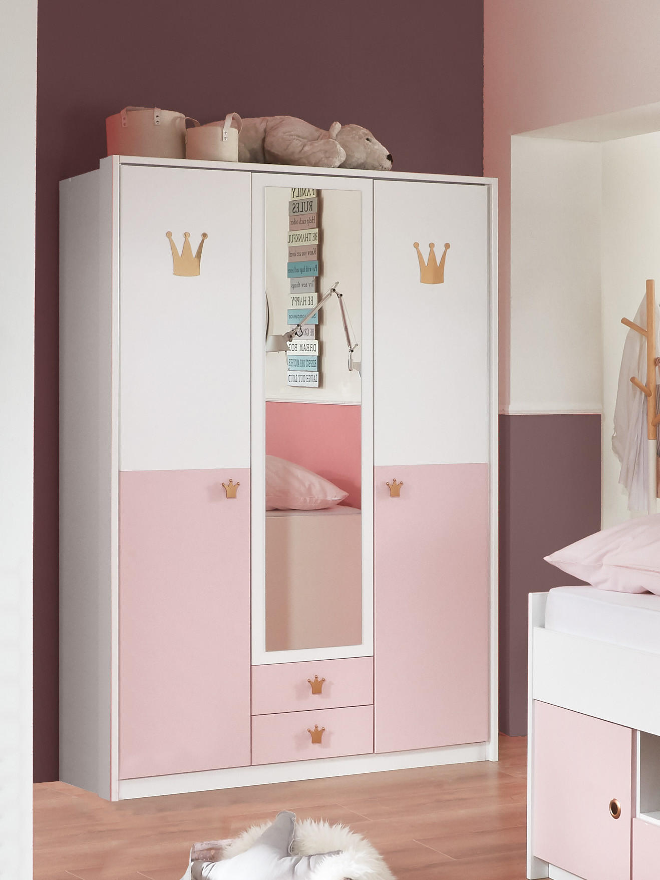 DREHTÜRENSCHRANK Cindy in Weiß und Rosa - 3 türig mit Spiegel - Weiß, Holzwerkstoff (139/199/58cm)