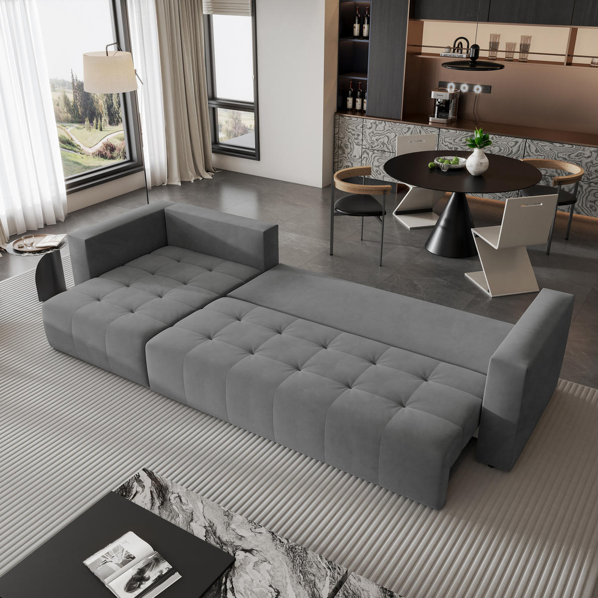 ECKSOFA OLVERA Grau Plüsch-Stoff mit Schlaffunktion - Grau, Holz (347/148cm) - MASSENO