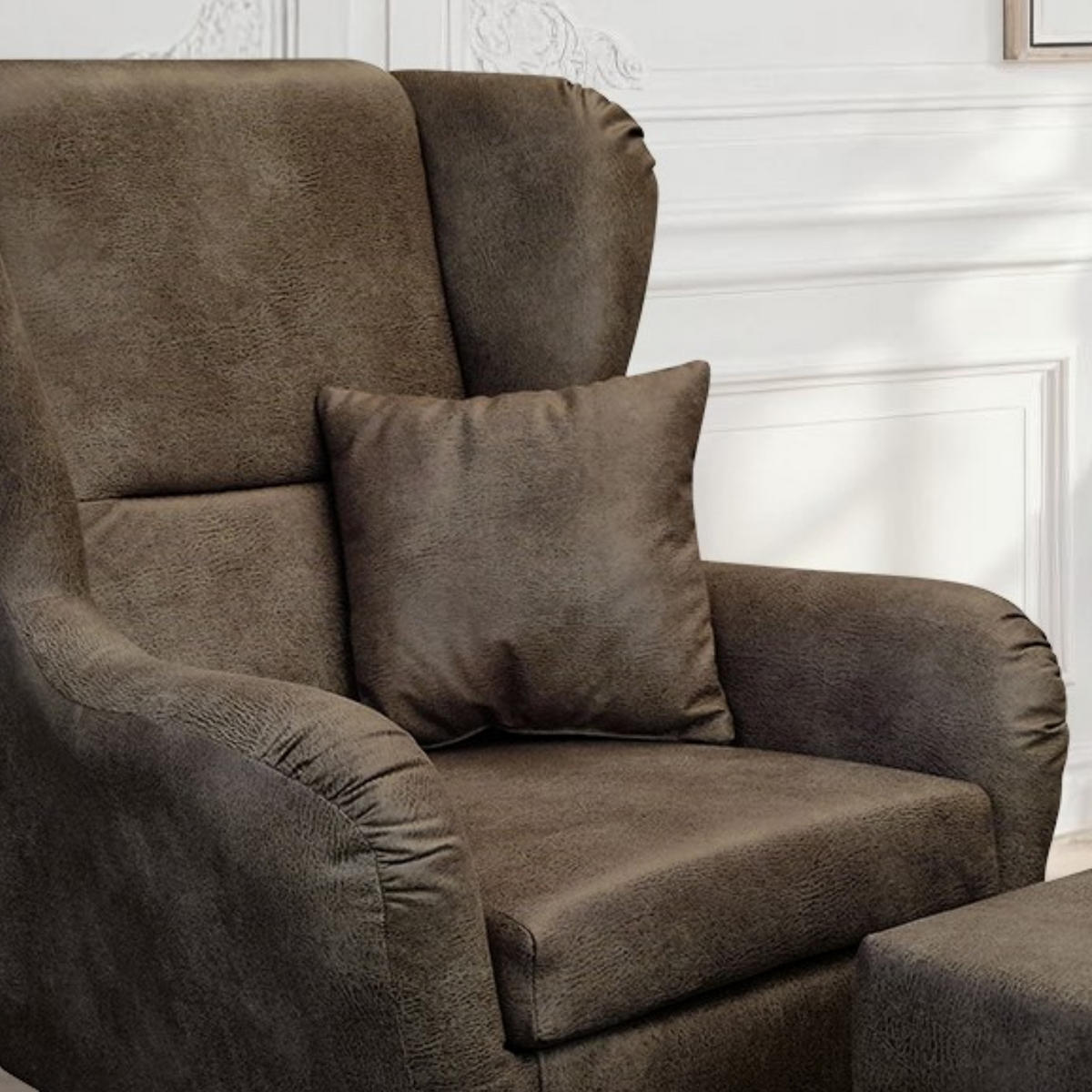 OHRENSESSEL mit HOCKER, hoher Sitzkomfort durch Wellenunterfederung B90/H98/T76 cm, Mikrofaser Leder-Optik Vintage Braun / 18005 - Schwarz/Braun, Holz/Textil (90/98/76cm) - luma-home