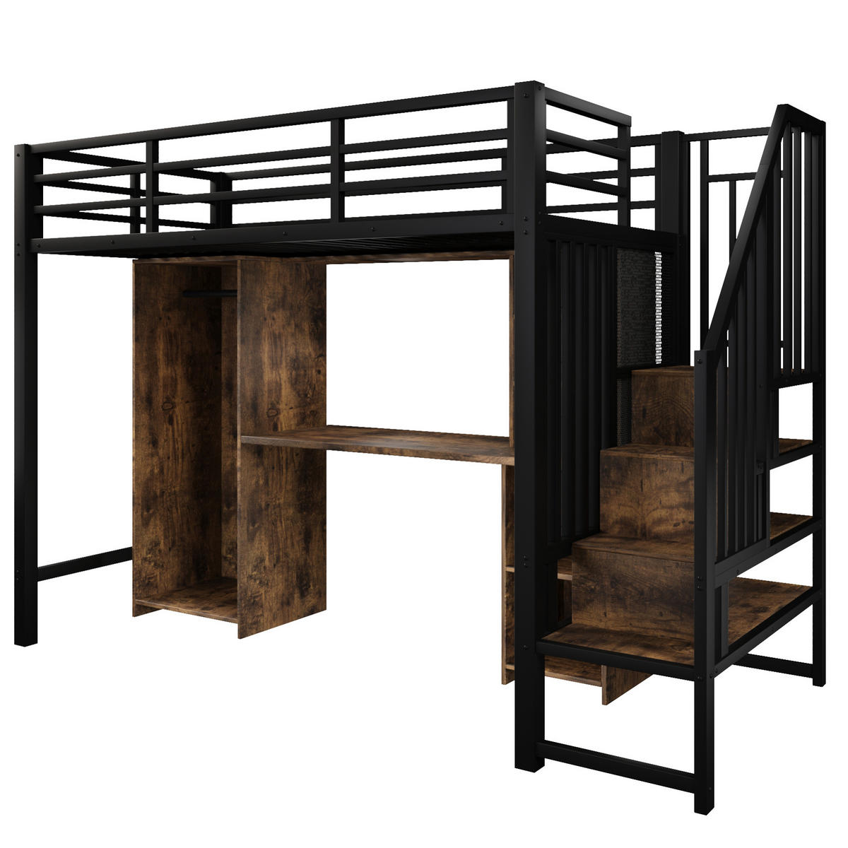 HOCHBETT 90/200 cm in Schwarz mit Kleiderschrank, Schreibtisch und Stauraum - Schwarz, Metall (90/200cm) - Flora Grace