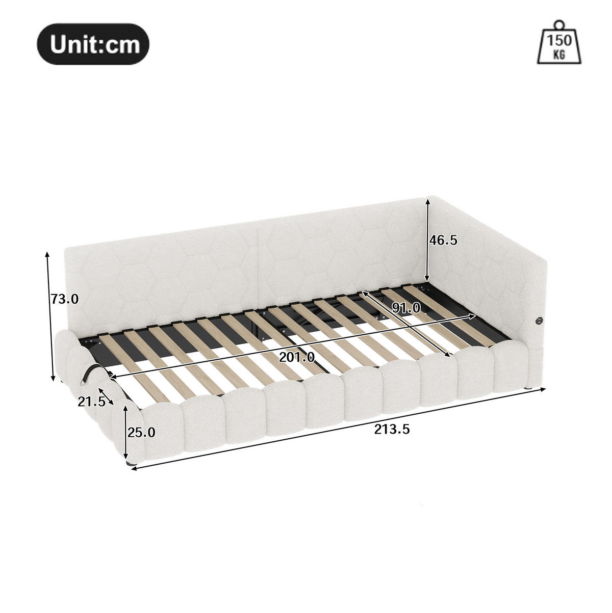 TAGESBETT 90/200 cm mit LED-Lichtleiste, USB, Typ-C und hydraulischem Bettkasten aus Vliesimitat, Weiß - Weiß, Textil (90/200cm) - Redom