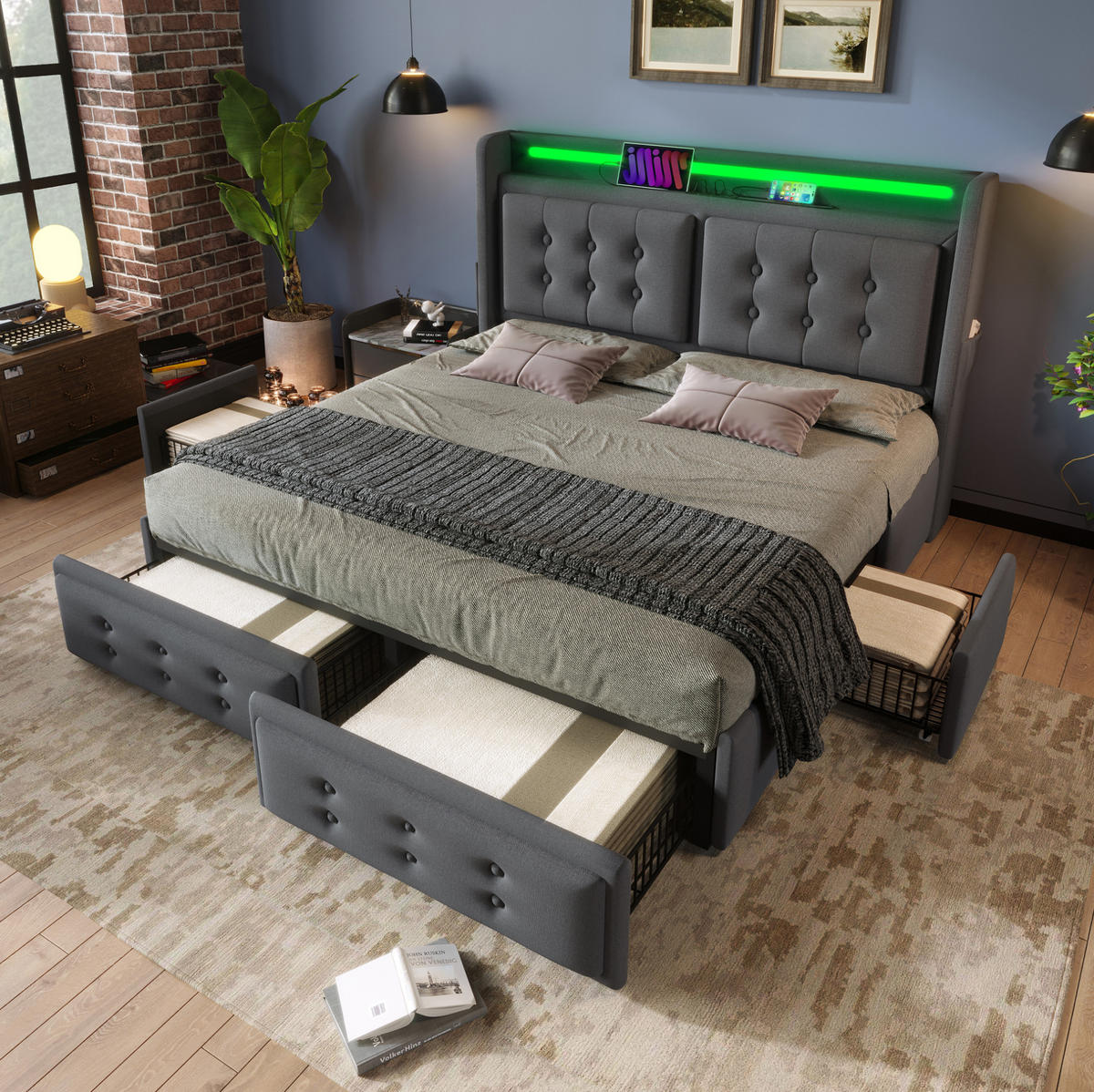 POLSTERBETT mit LED, USB und 4 Schubladen 160x200 cm Grau - Grau, Metall (160/200cm) - Meubliv