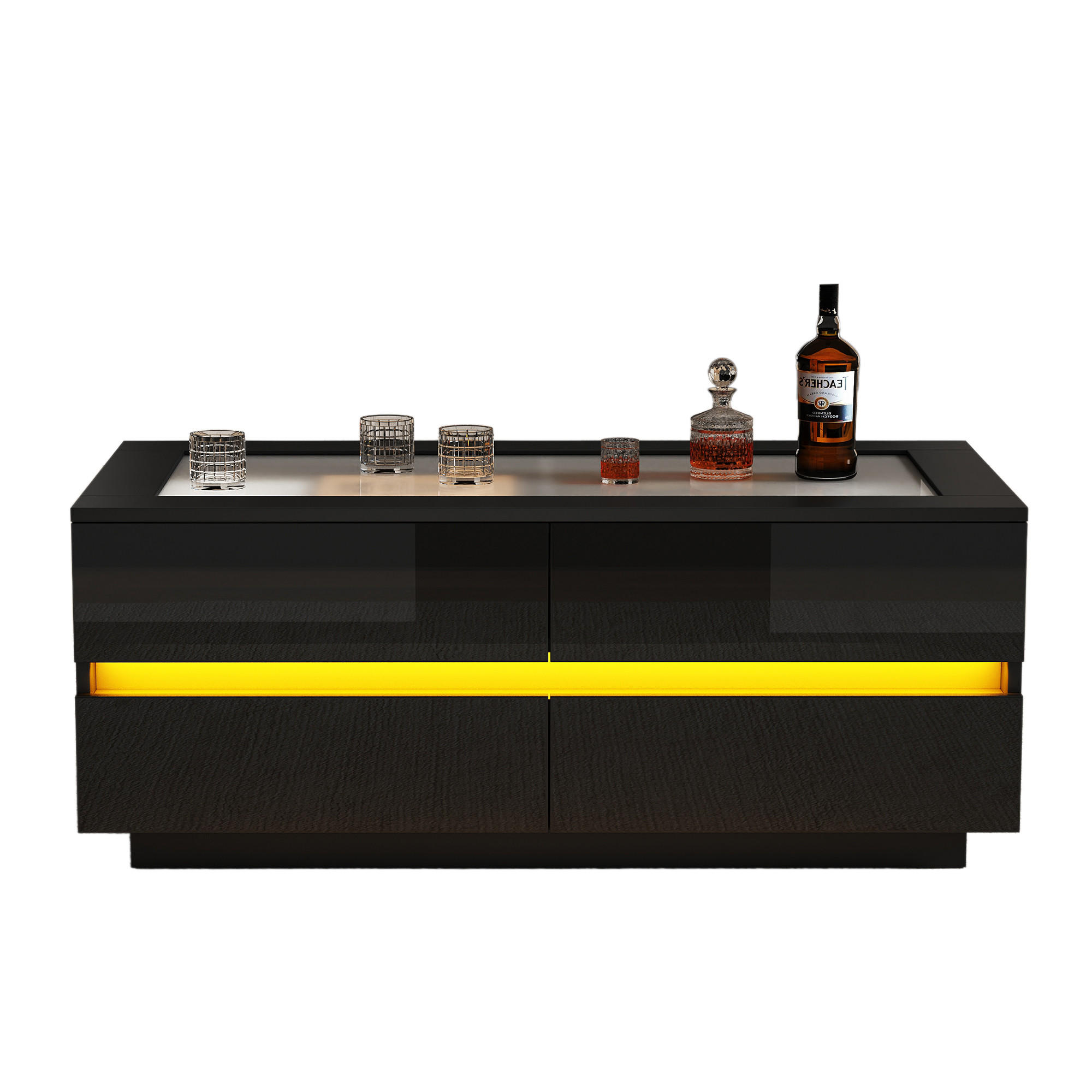 COUCHTISCH in Schwarz mit 4 Schubladen und LED-Beleuchtung für Wohnzimmer, B100/T50/H30 cm - Schwarz, Glas/Holzwerkstoff (50/100/40cm) - STILVORA