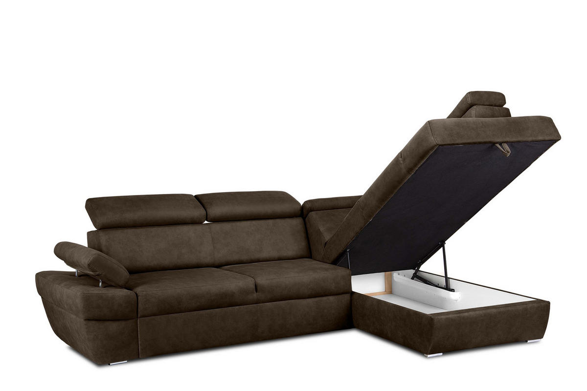SCHLAFECKSOFA RATLO rechts 4/5-Sitzer mit Bettkasten in Lederoptik, braun - Dunkelbraun/Silberfarben, Textil (270/190cm) - KONSIMO®