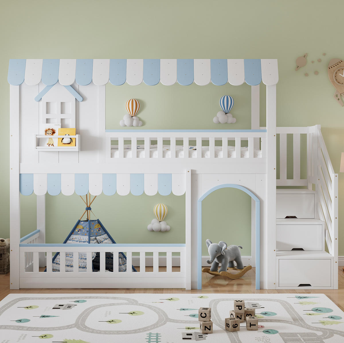 ETAGENBETT mit Treppenaufbewahrungs-Schrank, Weiß+Blau, 90/200 cm - Weiß, Holz (90/200cm) - MIVRAY