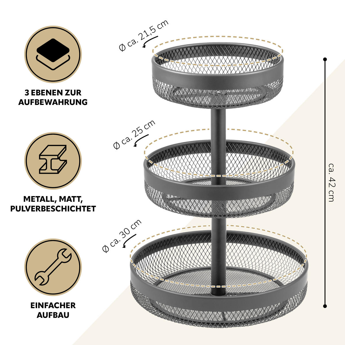 OBSTETAGERE rund, 3-stöckig, Ø 20 cm, 25 cm und 30 cm, grau, Metall - Grau, Metall (42cm) - eluno