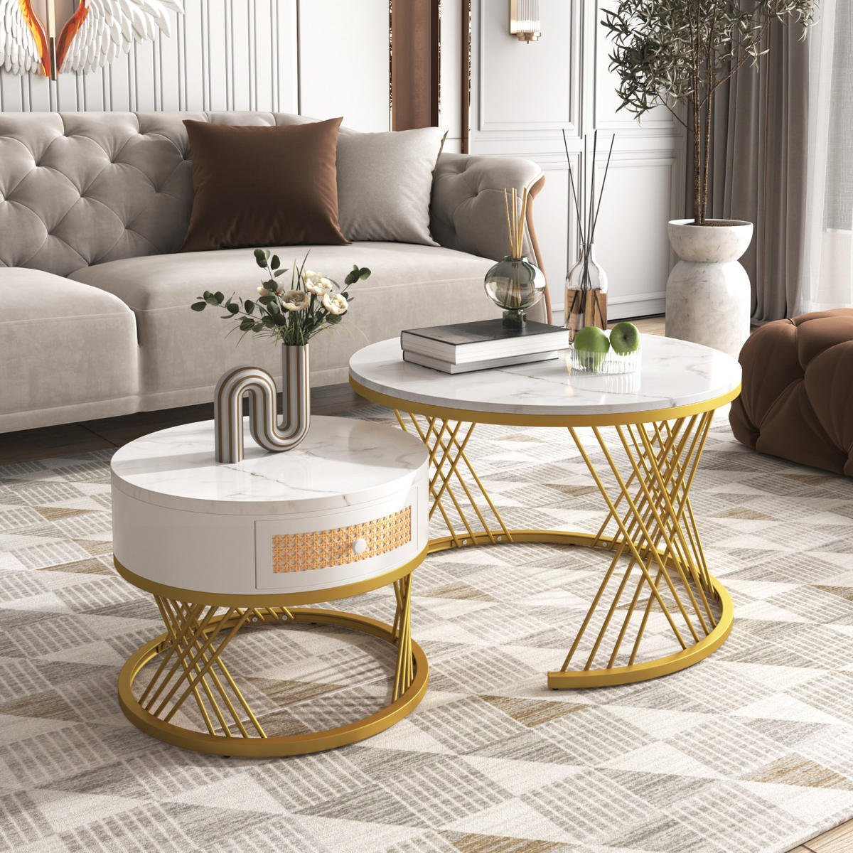COUCHTISCH-SET Weiß Gold mit Rattan-Schublade - Weiß, Metall (70/70/45cm)