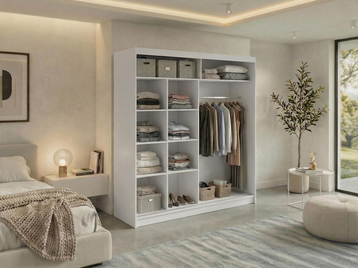 SCHWEBETÜRENSCHRANK 200 - VERONA - Weiß mit Spiegel - Alufarben/Weiß, Holzwerkstoff/Metall (200/216/61cm) - MKS