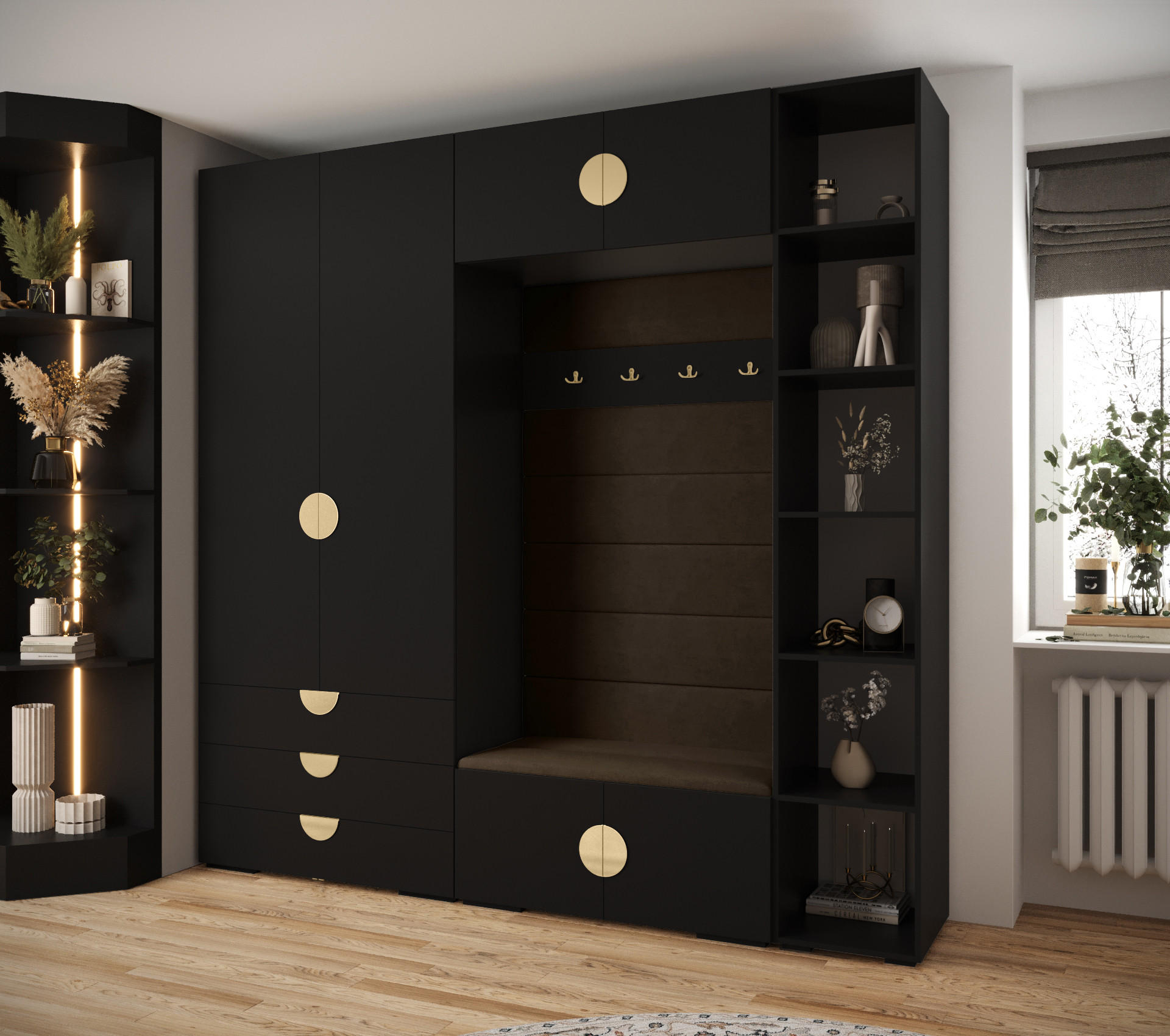 GARDEROBEN-SET 236,7/240/47 - Goldfarben/Schwarz, Holz/Kunststoff (240/236.7/47cm) - Abiks Möbel