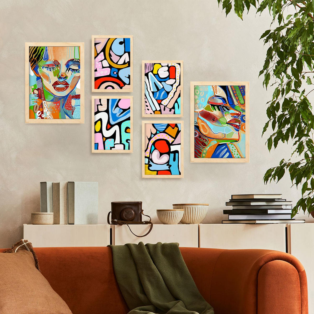 POSTER Set Mit 6 Lady Mazarelli In Weibliche Zusammenfassung Ästhetische Dekorative Gemälde Für Ihr Wohnzimmer Zuhause A3 & A4 Rahmen Aus Hellem Holz - Beige, Papier (29/3cm) - Nacnic