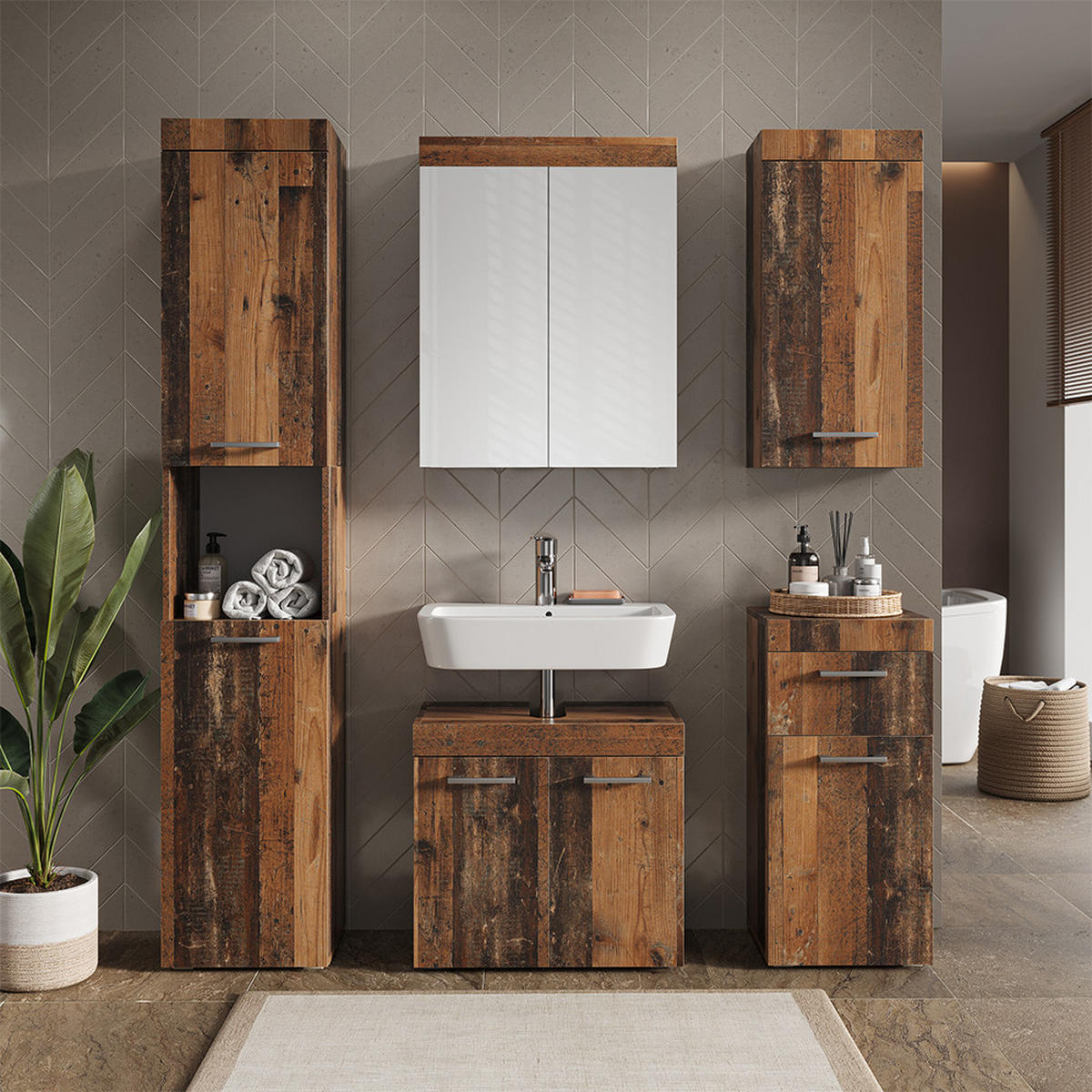 BADMÖBEL-SET Luna Oldstyle 5 Teile - Braun, Holzwerkstoff (60/56/34cm) - Vicco