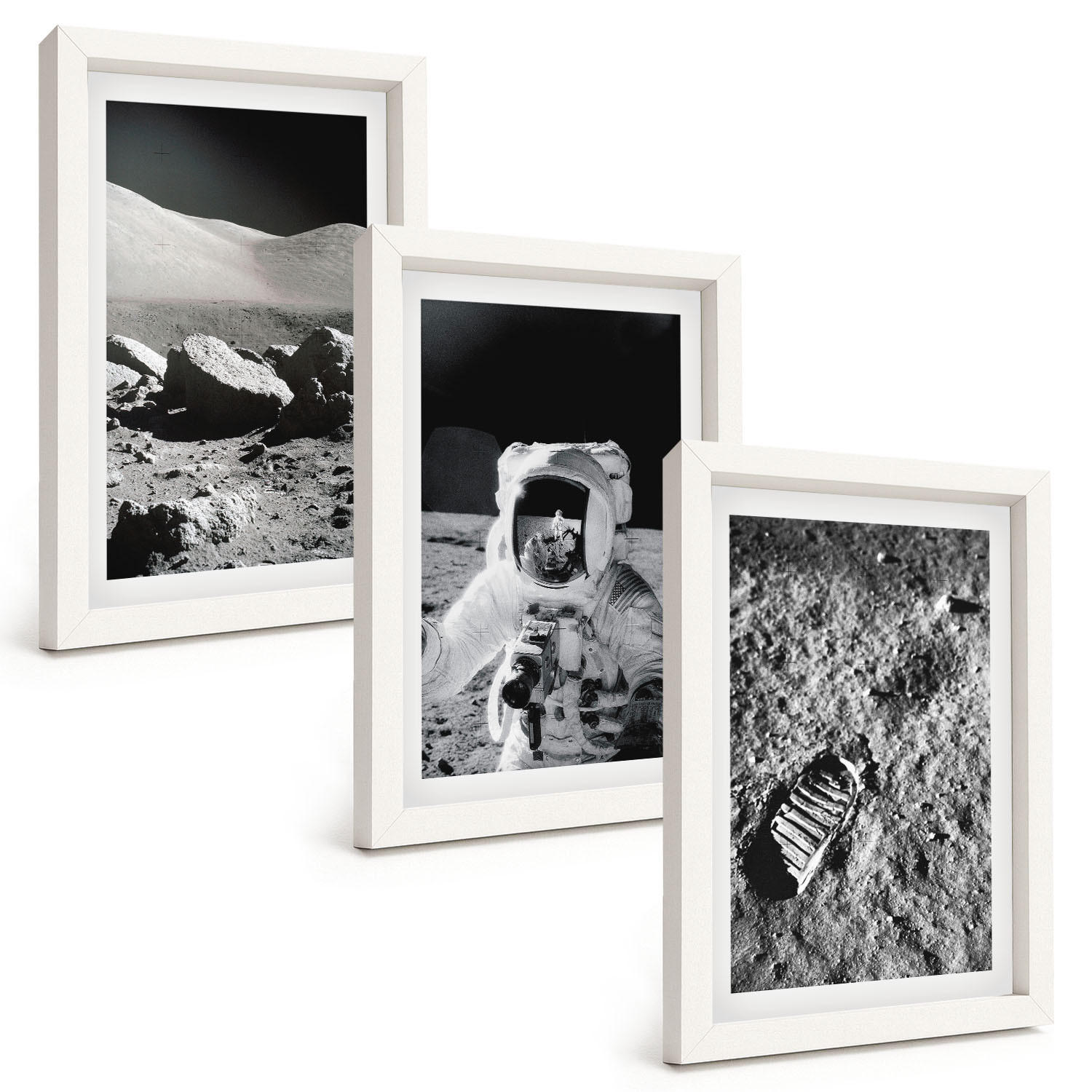 BILDER SET 3er Set - 20x30 cm Weißer Rahmen - NASA-Fotos vom Mond Astronaut - Weiß, Kunststoff (20/30cm) - TULUP
