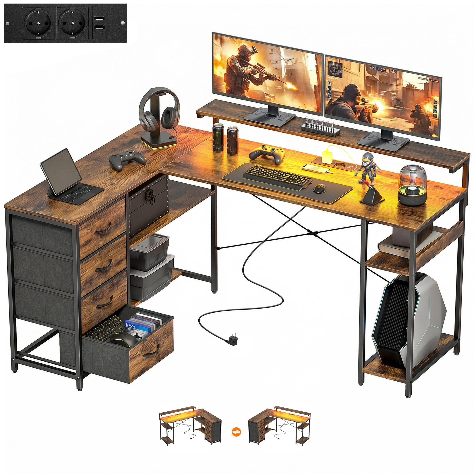 GAMINGTISCH DE-09150 mit Stromanschluss, Braun - Braun, Metall (155/110/91.4cm) - ComfortXL