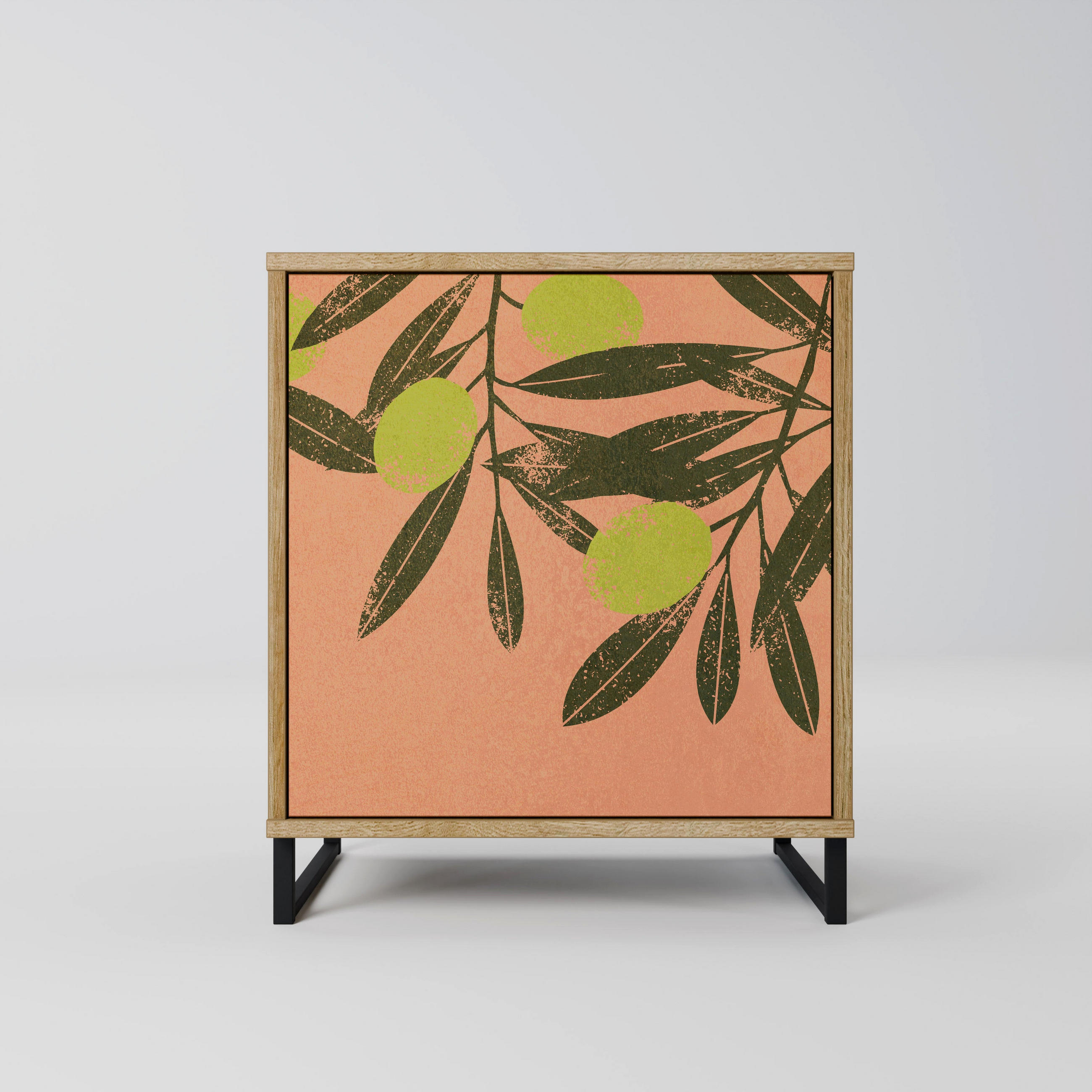 SIDEBOARD JUICY OLIVES, Eichefarben, 57,5x42x67,5 cm, Schwarze Metall-Rahmenfüße - Eichefarben/Multicolor, Holzwerkstoff/Metall (57.5/67.5/42cm) - SpaceRebels