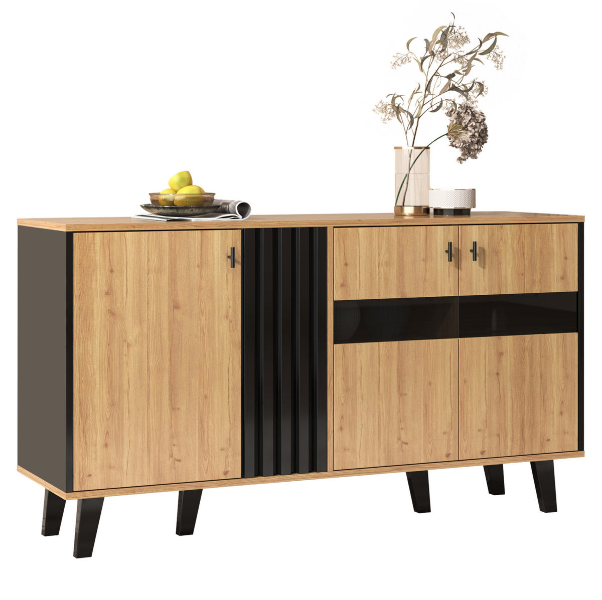 SIDEBOARD in Holzoptik und Schwarz mit 3 Türen, Glasfront und LED-Innenbeleuchtung, 140/41/78,5 cm, Holzoptik und Schwarz - Naturfarben, Holzwerkstoff (78.5/41/140cm) - Redom