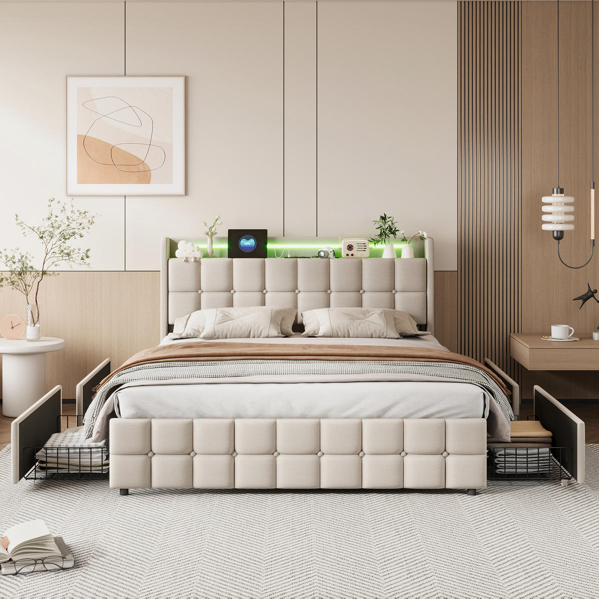 POLSTERBETT 180/200 cm,Doppelbett Beige mit 4 Schubladen und Lattenrost,Modernes Bettgestell - Beige/Naturfarben, Holz/Metall (180/200cm) - FURNISHINGS HOME