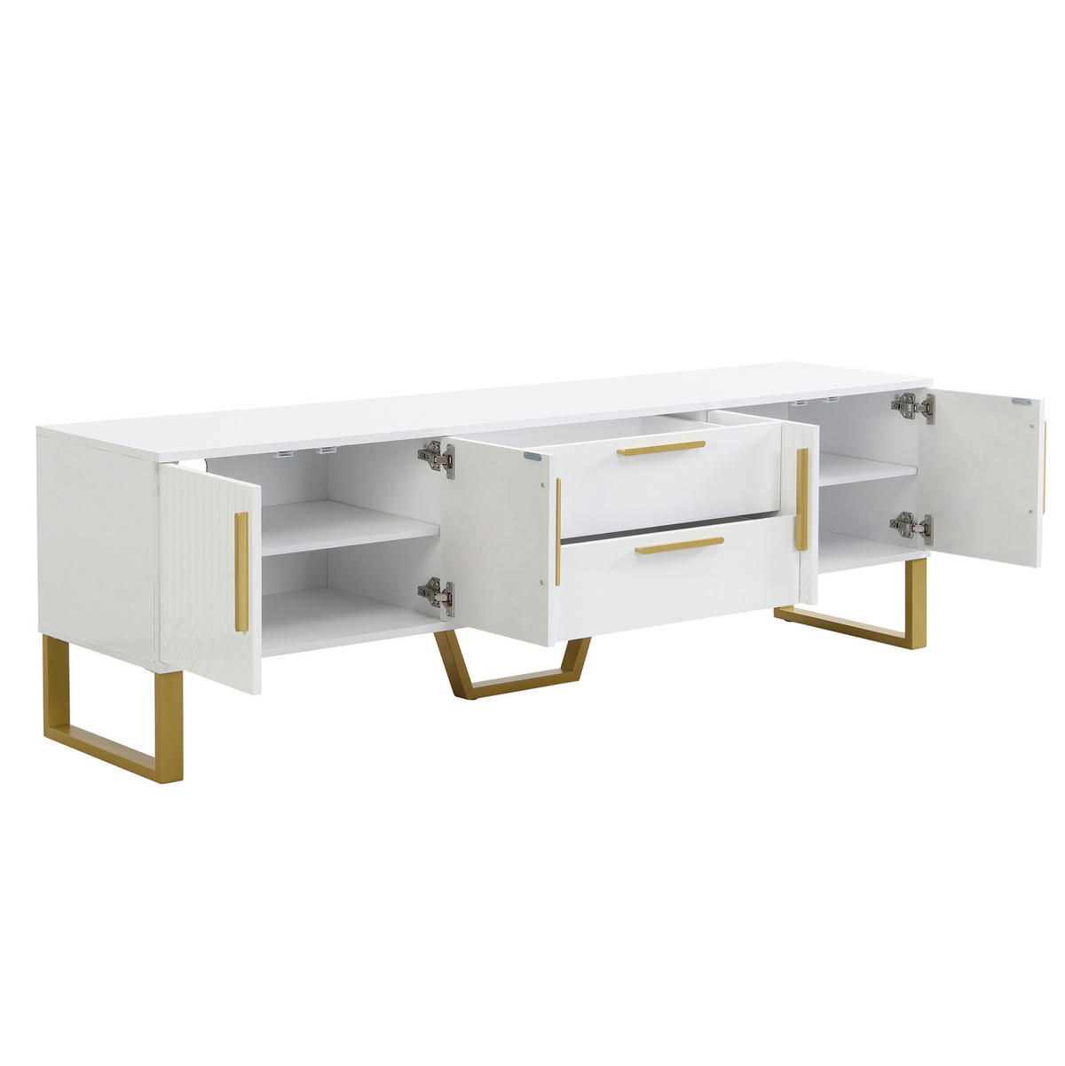 TV-SCHRANK aus MDF 170x40x53,5 cm Weiß/Gold mit 4 Türen, 2 Mittelschubladen und Kabeldurchführung in Hochglanz - Weiß, Holzwerkstoff (170/53.5/40cm) - Modfu