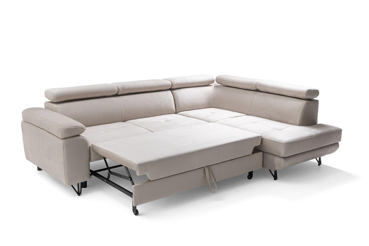 ECKSOFA JUNIOR L Rechts mit Schlaffunktion 194x128 Velours Creme - Creme/Schwarz, Holz/Textil (184/249cm) - Muffo